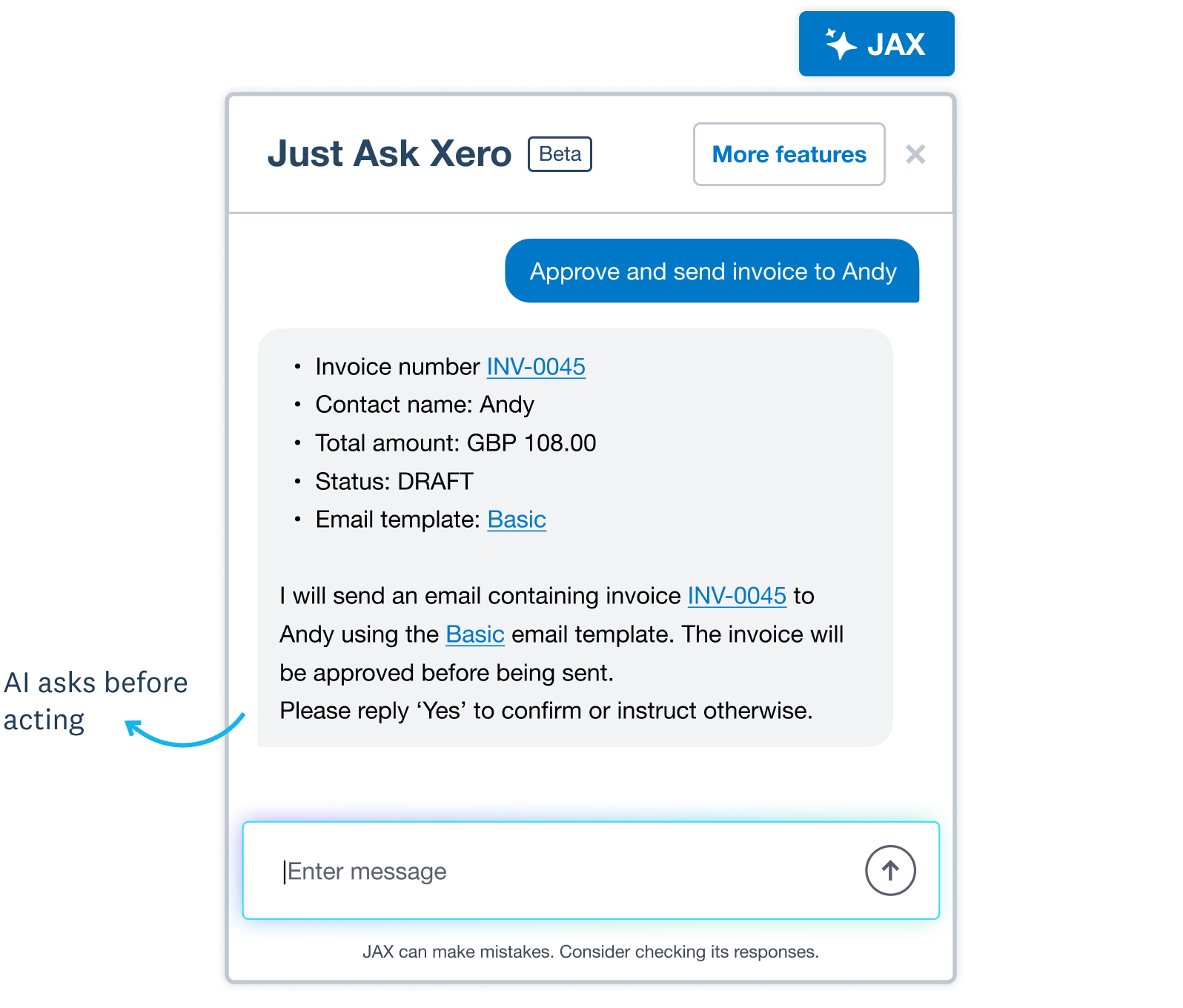 Xero’s AI companion, JAX, asks for confirmation before sending an invoice.