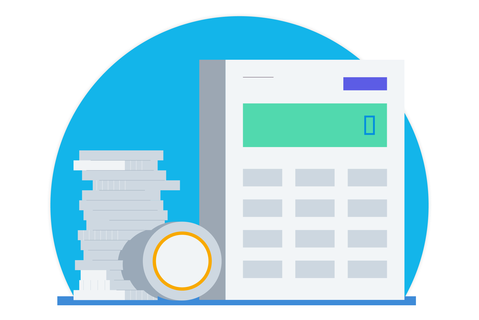 Illustrated calculator and stack of coins