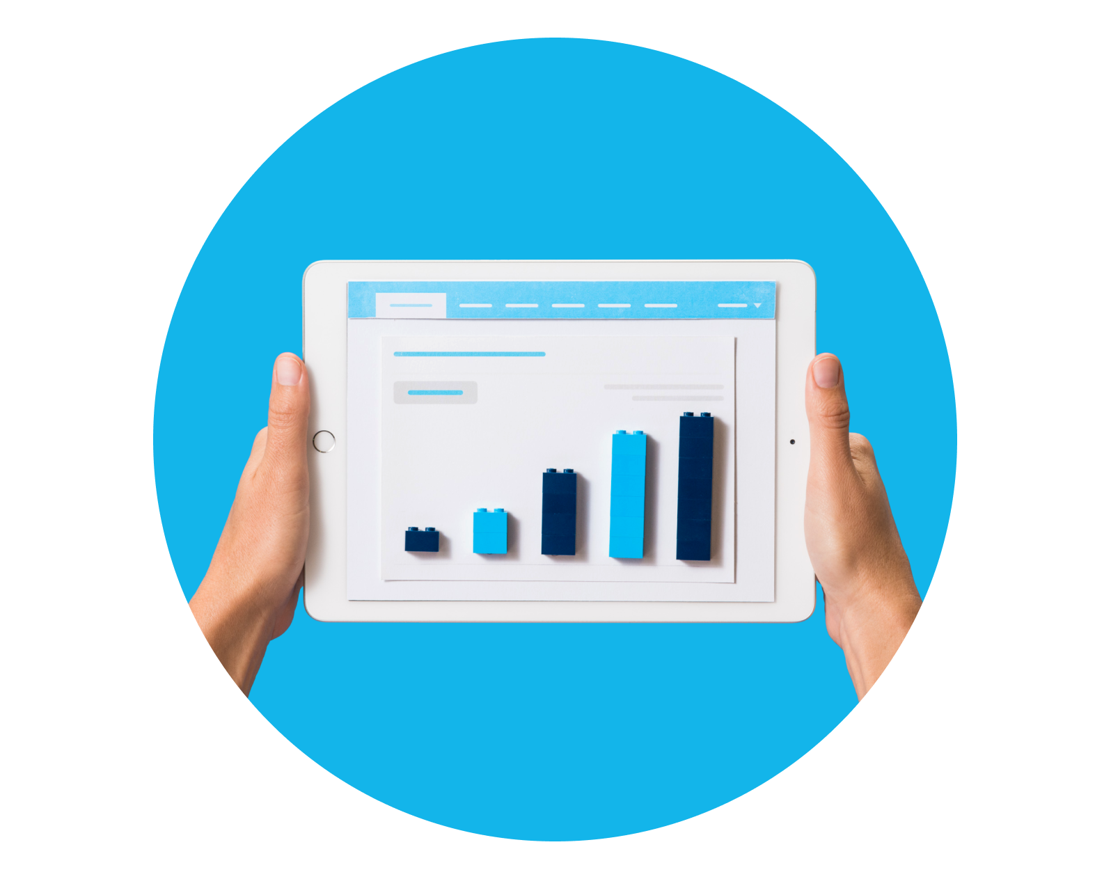 Hand holding tablet device which shows increasing graph