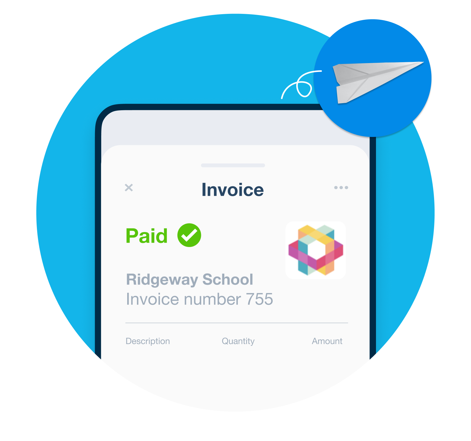 Illustrated mobile device showing invoice paid.