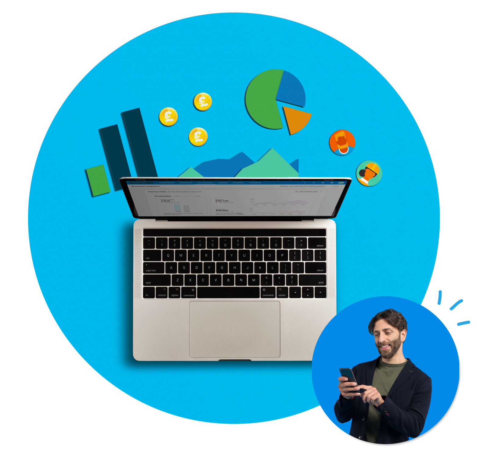 Laptop open with illustrations surrounding of graphs and pound coins.