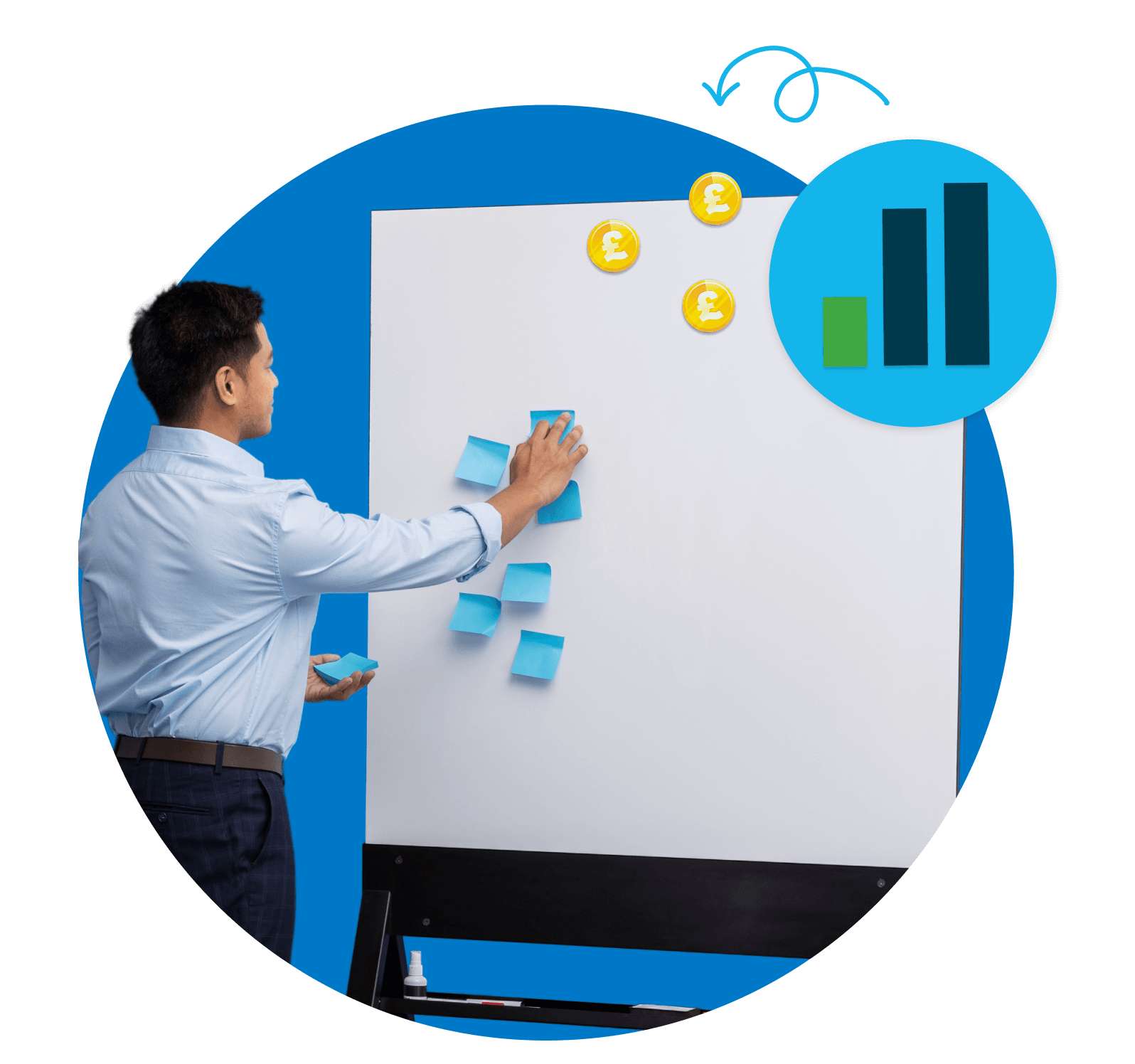 Person sticking notes to white board.