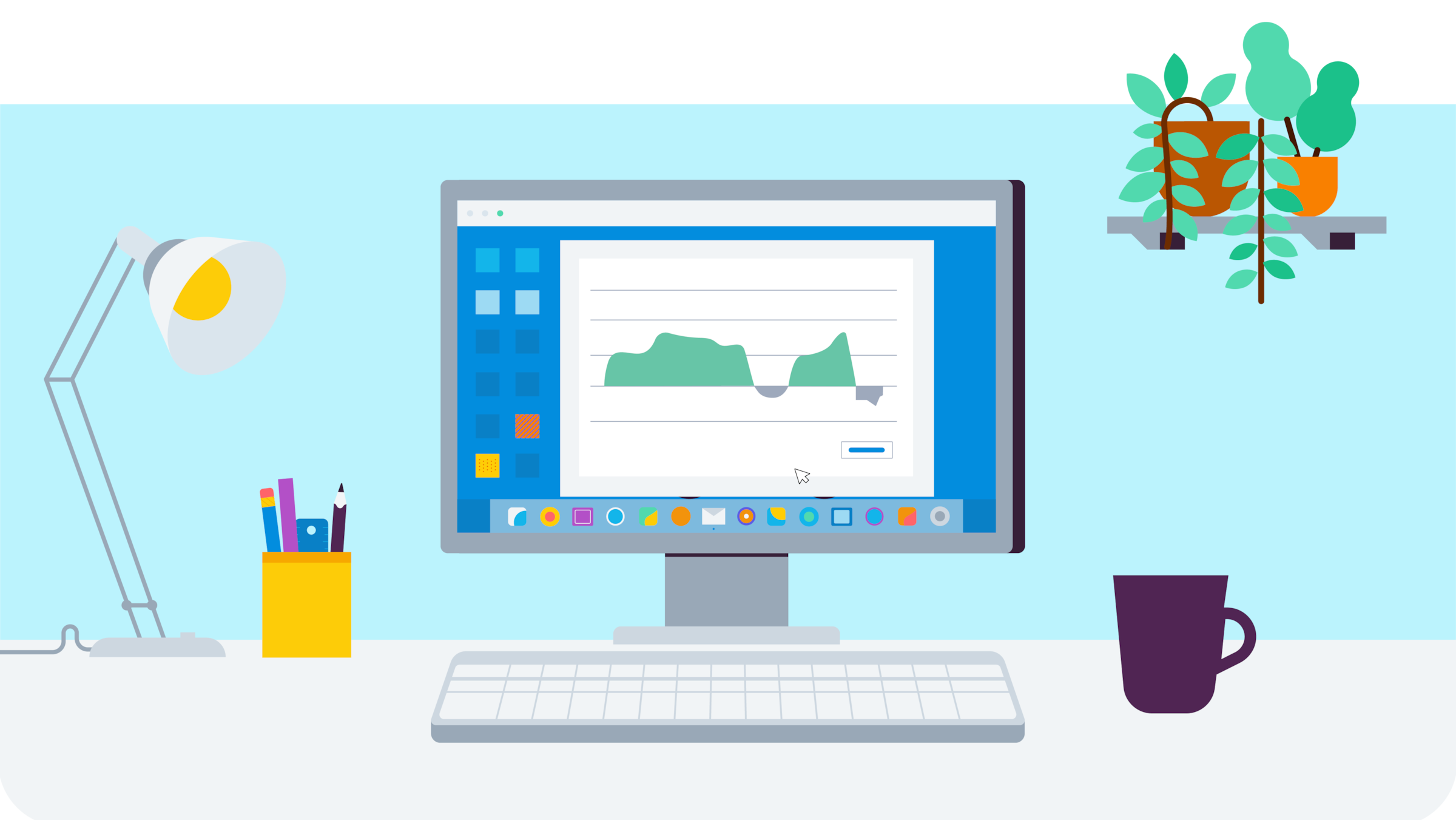 A desktop computer featuring accounting software, on a desk with lamp, coffee cup, pencils and pot plant.