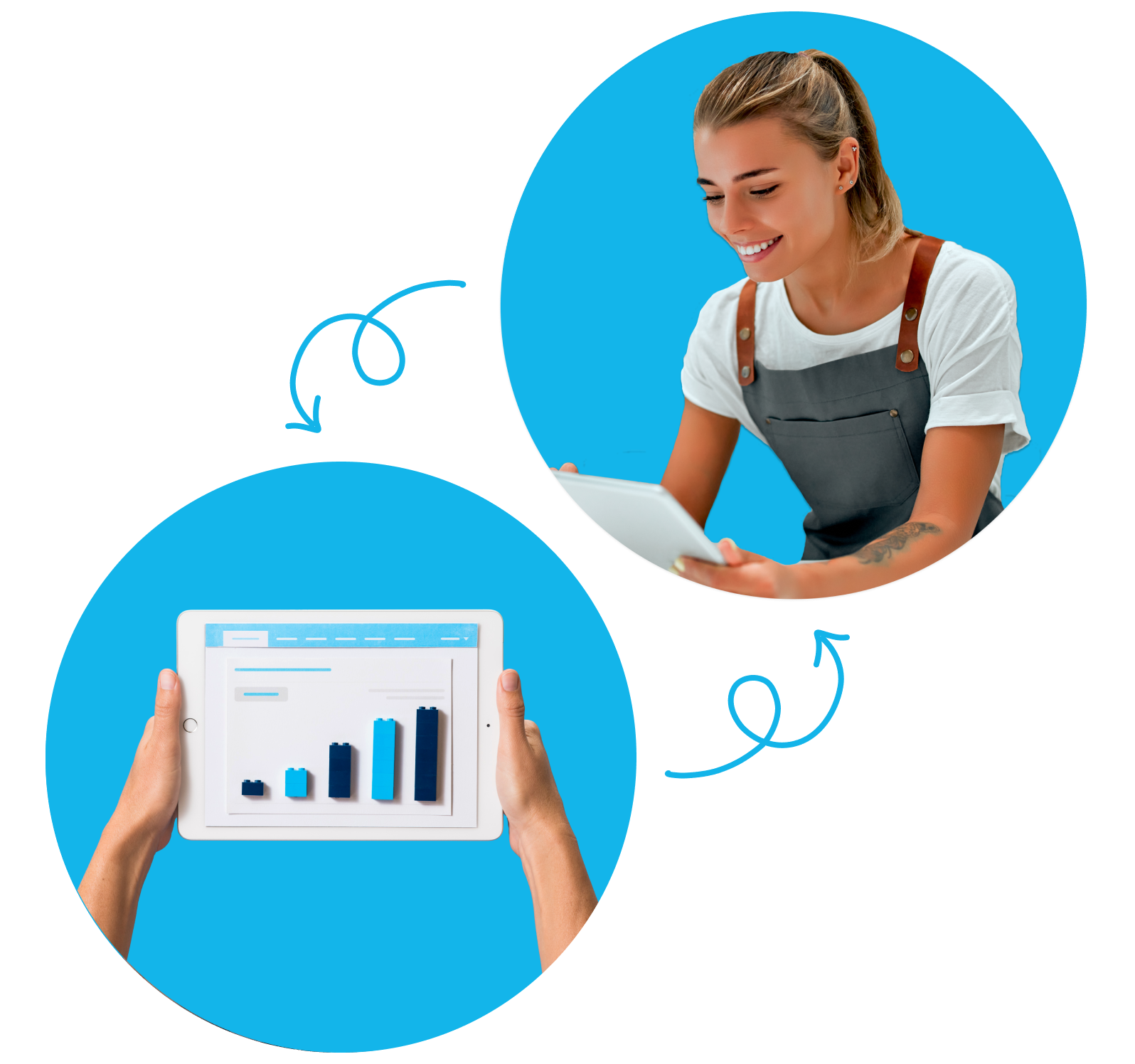 Woman wearing an apron using tablet device, showing graphs.