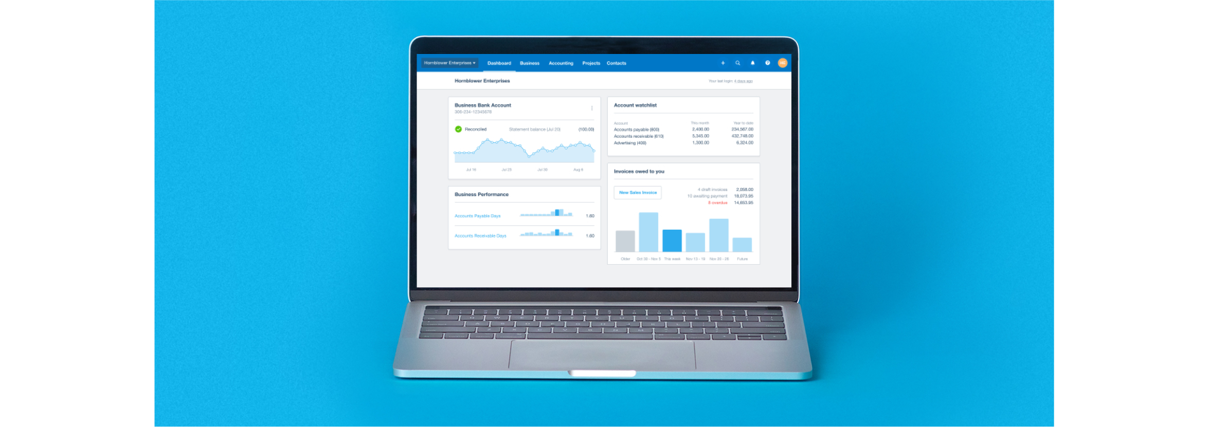The Xero dashboard on a laptop shows bank balances, the amount of invoices owed to you, and an accounts watchlist.