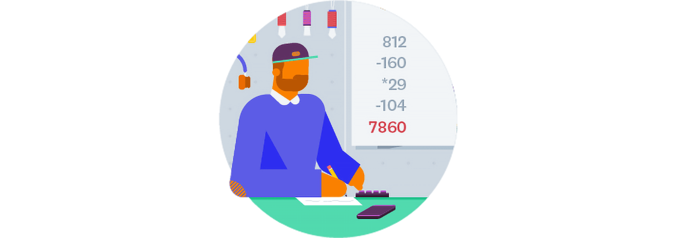 A business owner uses a calculator to assess potential costs and returns, and records them on a whiteboard.