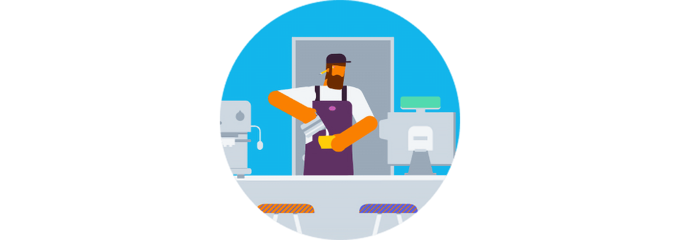 A cafe owner prepares a coffee and connects with their team on a PC.