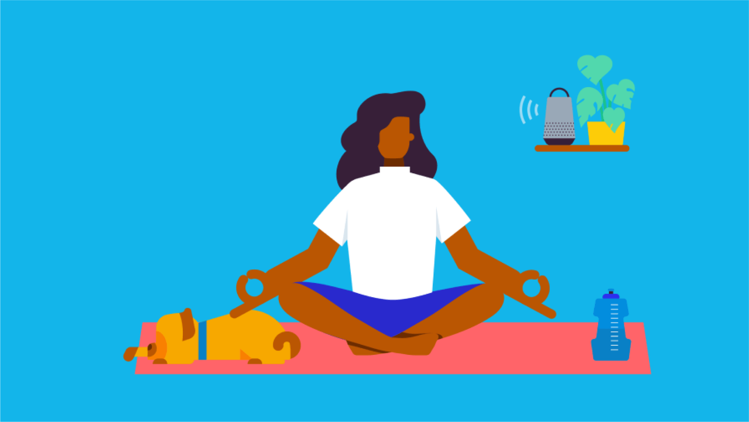 A small business owner relaxes in a yoga pose as their pet dog sleeps beside them.