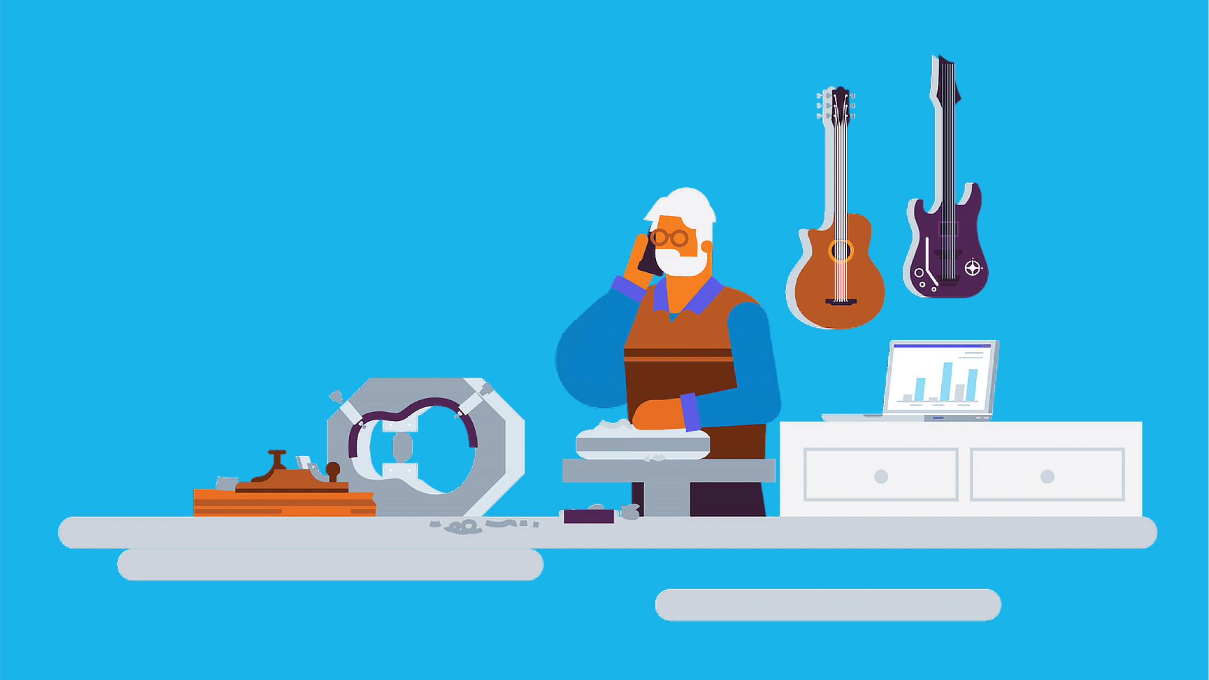 A guitar maker on a mobile phone with an open laptop on the desk showing bar charts in Xero.