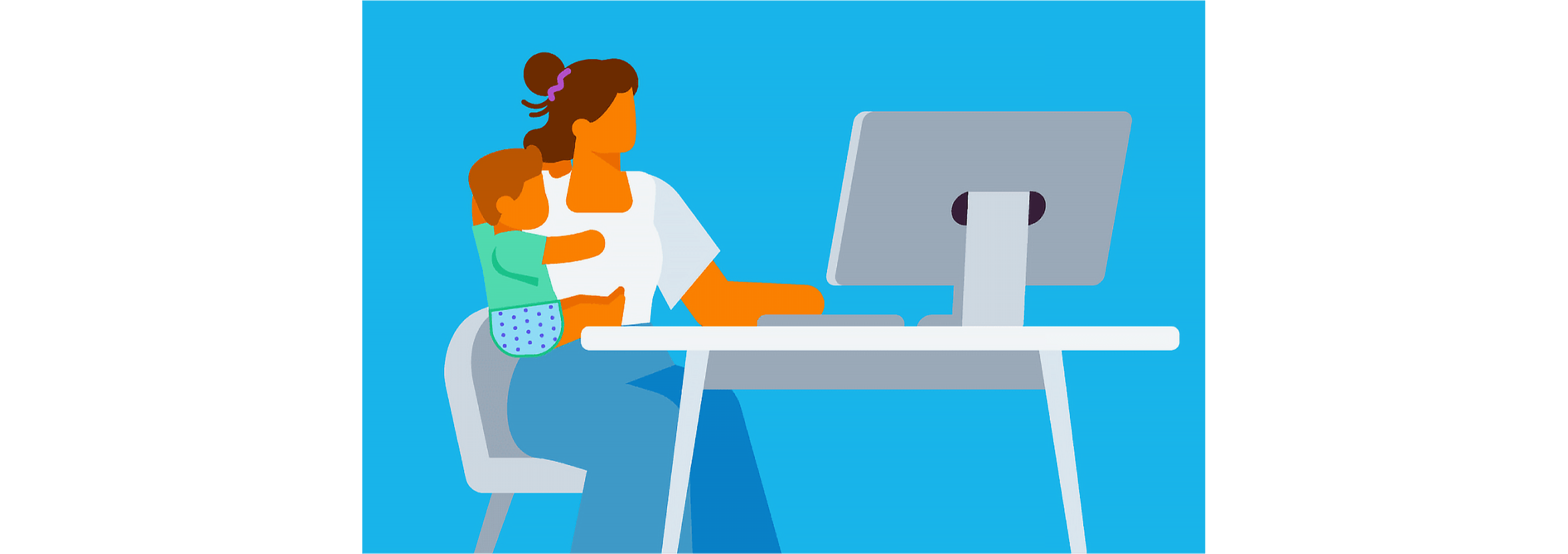 A mother works at her computer while holding the baby.