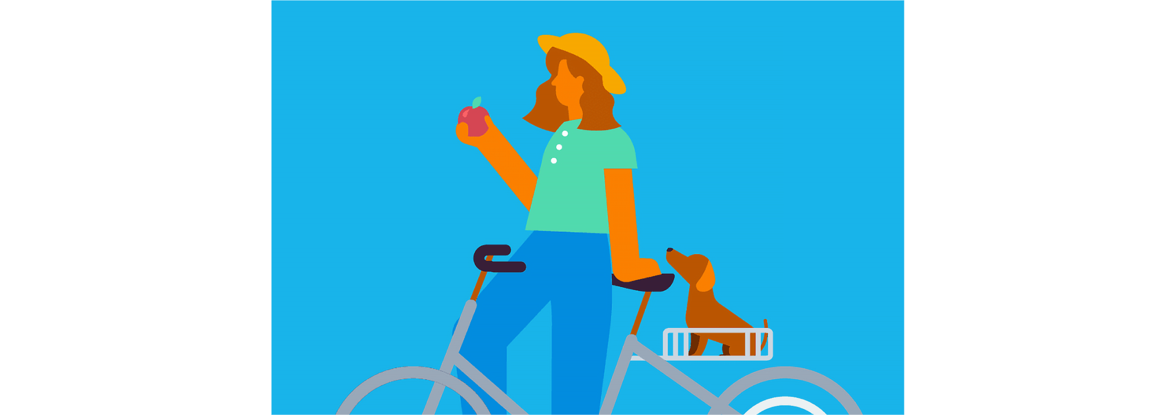 A person stands beside their bike eating an apple with their dog in a basket beside them.