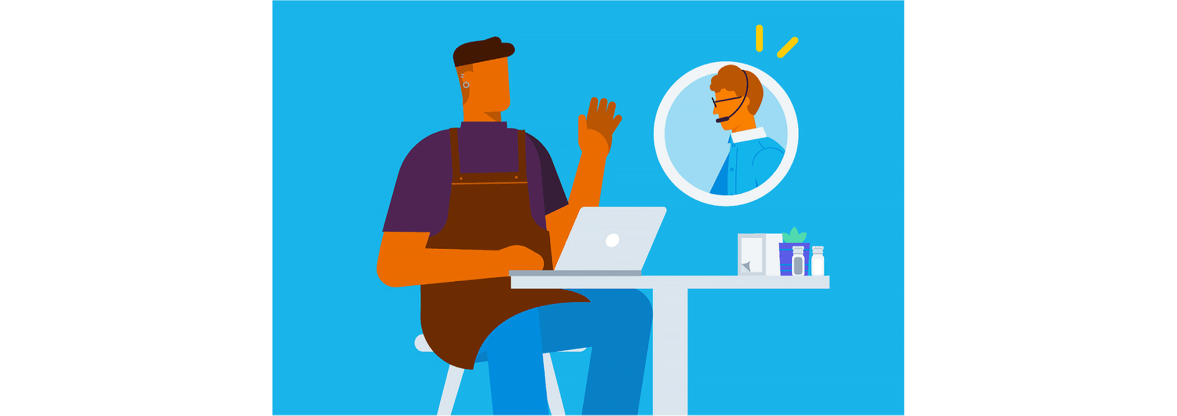 A small business owner talks to an online support person on their laptop.