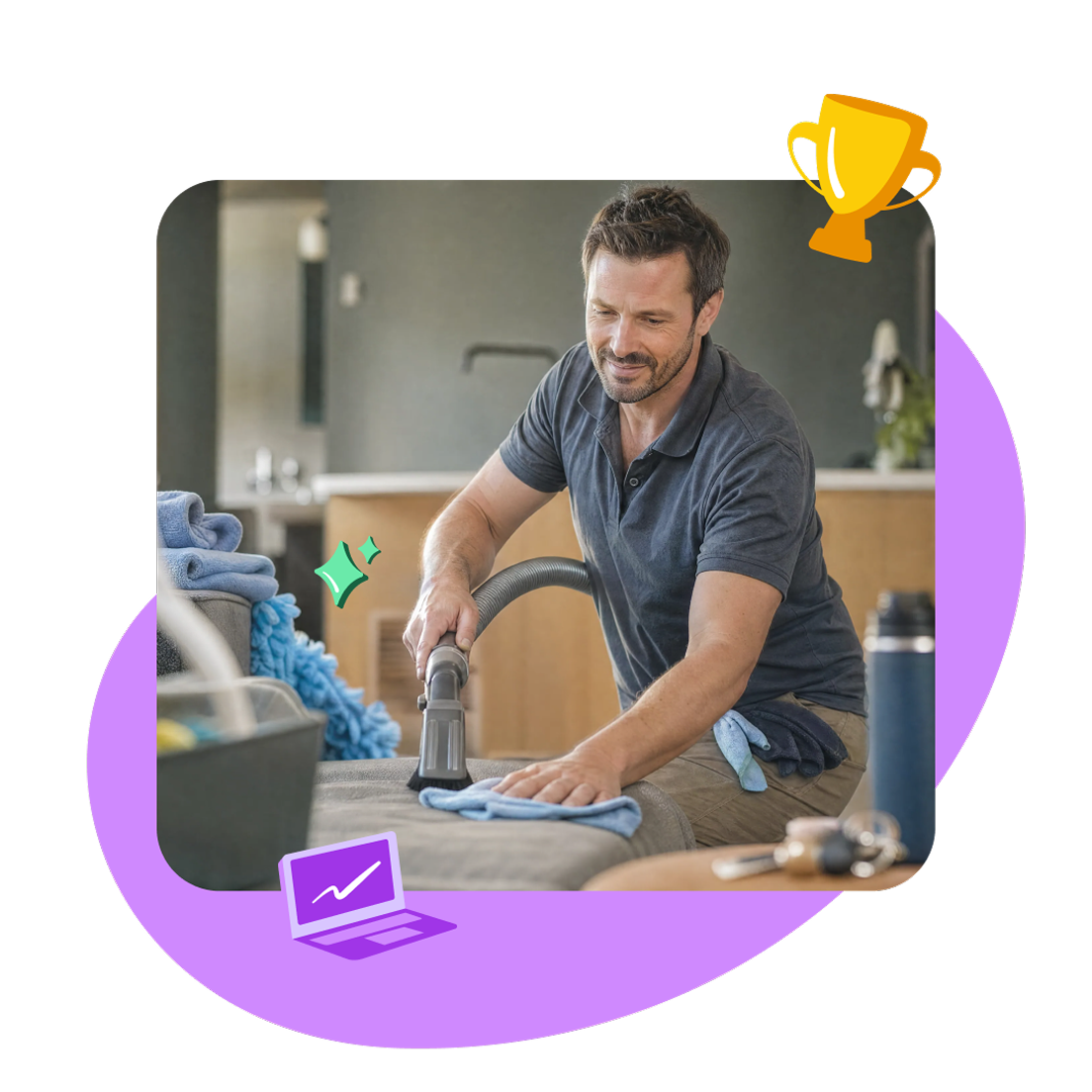 Cleaner using a professional cleaning equipment while thinking about his Xero accounting software.