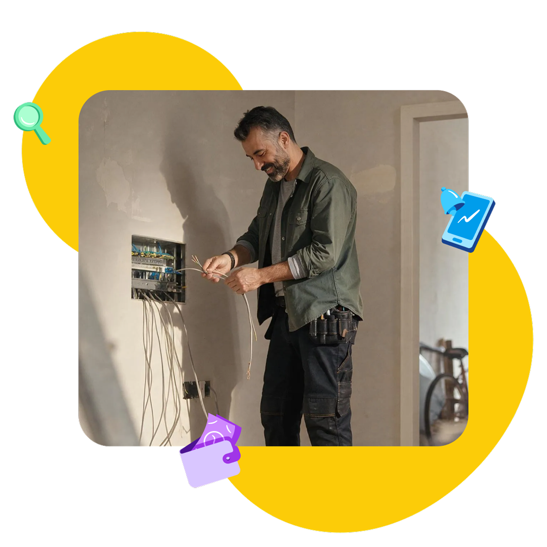Smiling electrician inspecting wiring on job site while thinking about his Xero accounting software.