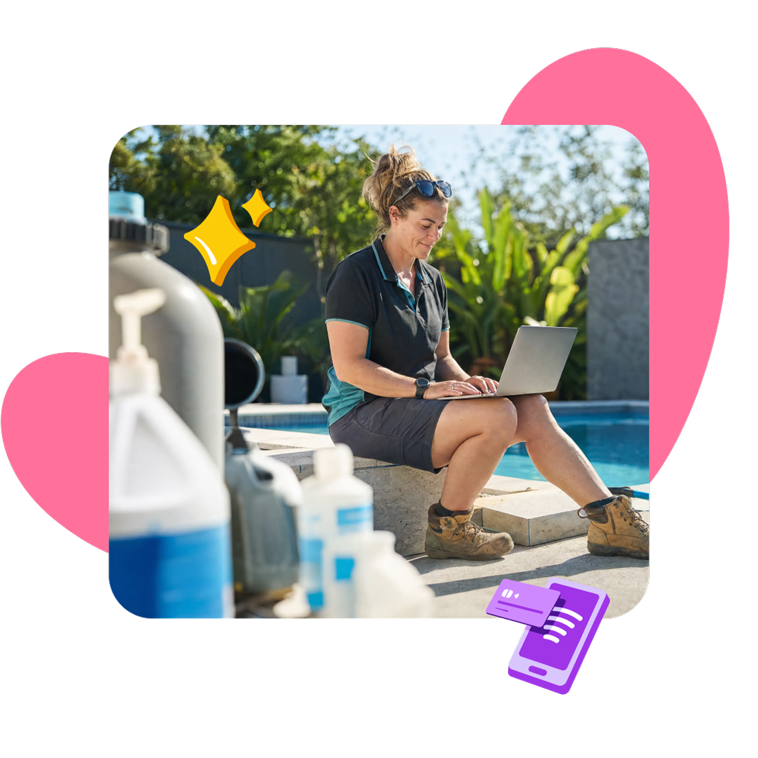 Pool technician using laptop poolside, shown as a satisfied user of Xero's accounting platform