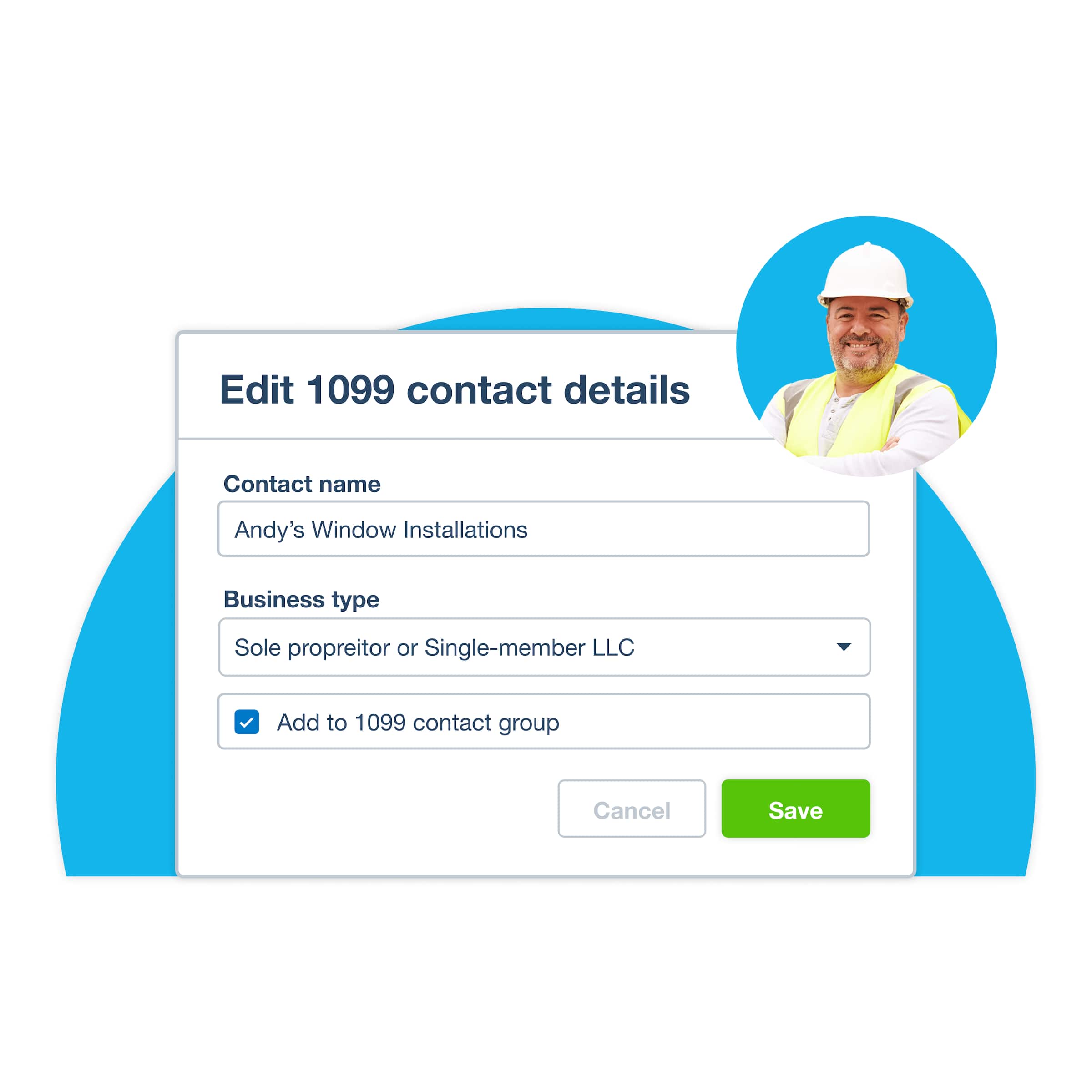 A builder uses the 1099 software in Xero to edit details of one of their job contacts online.