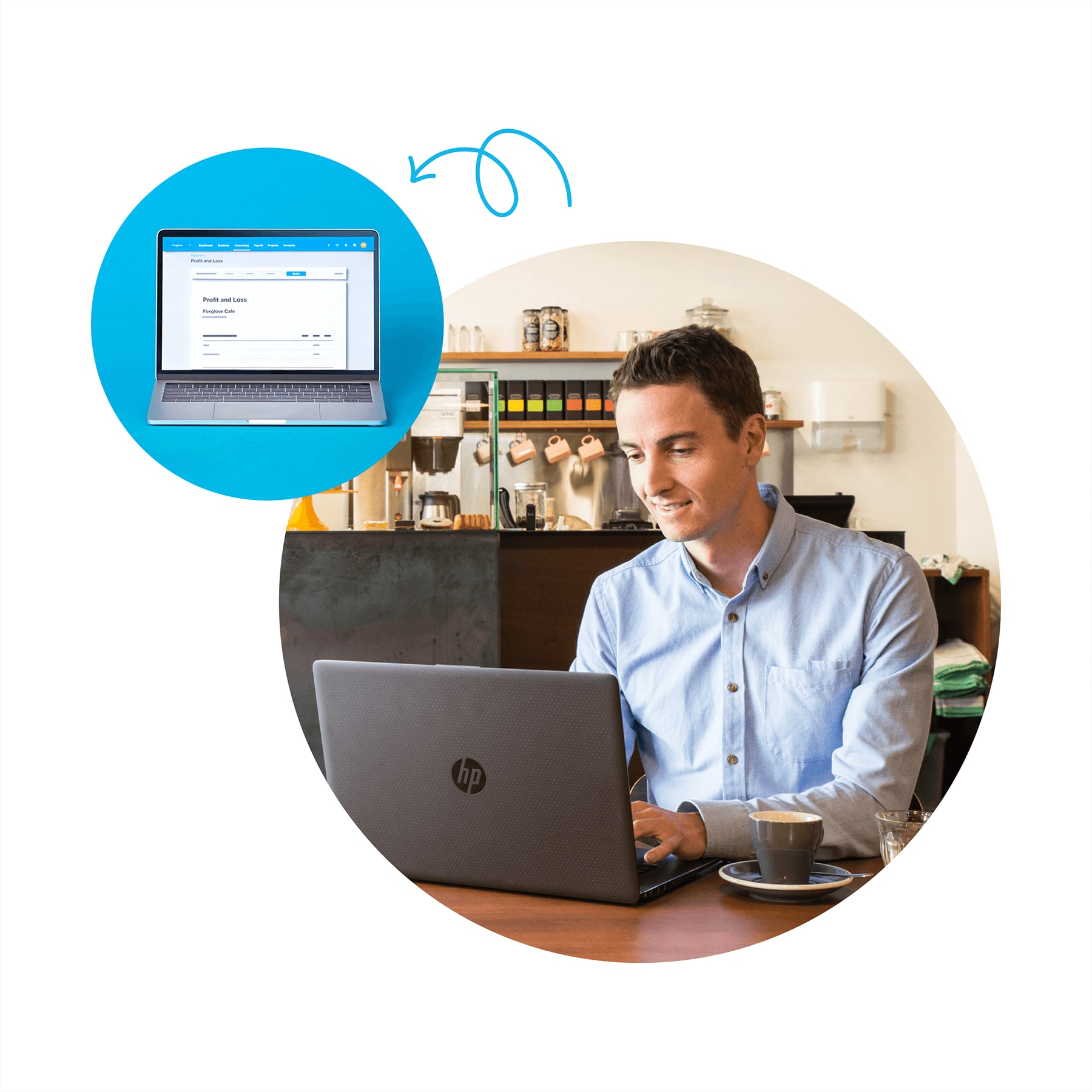 A small business owner sits in a cafe using their laptop to file their 1099 forms online.