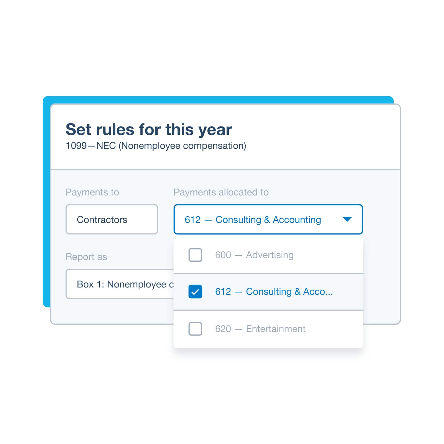 The ‘Set rules for this year’ screen lets you choose the account code for payments included in your 1099 report.