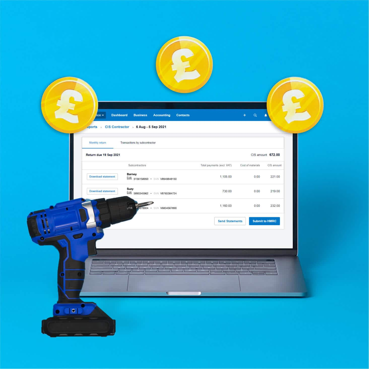 A desktop computer displays a list of the CIS scheme deductions calculated for the subcontractors of a building firm.