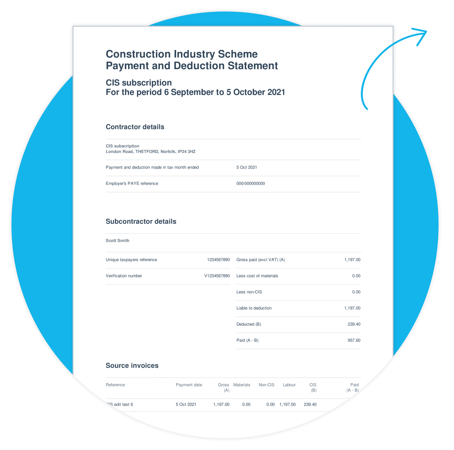 A statement showing CIS construction scheme payments and deductions is ready for emailing to a subcontractor. 