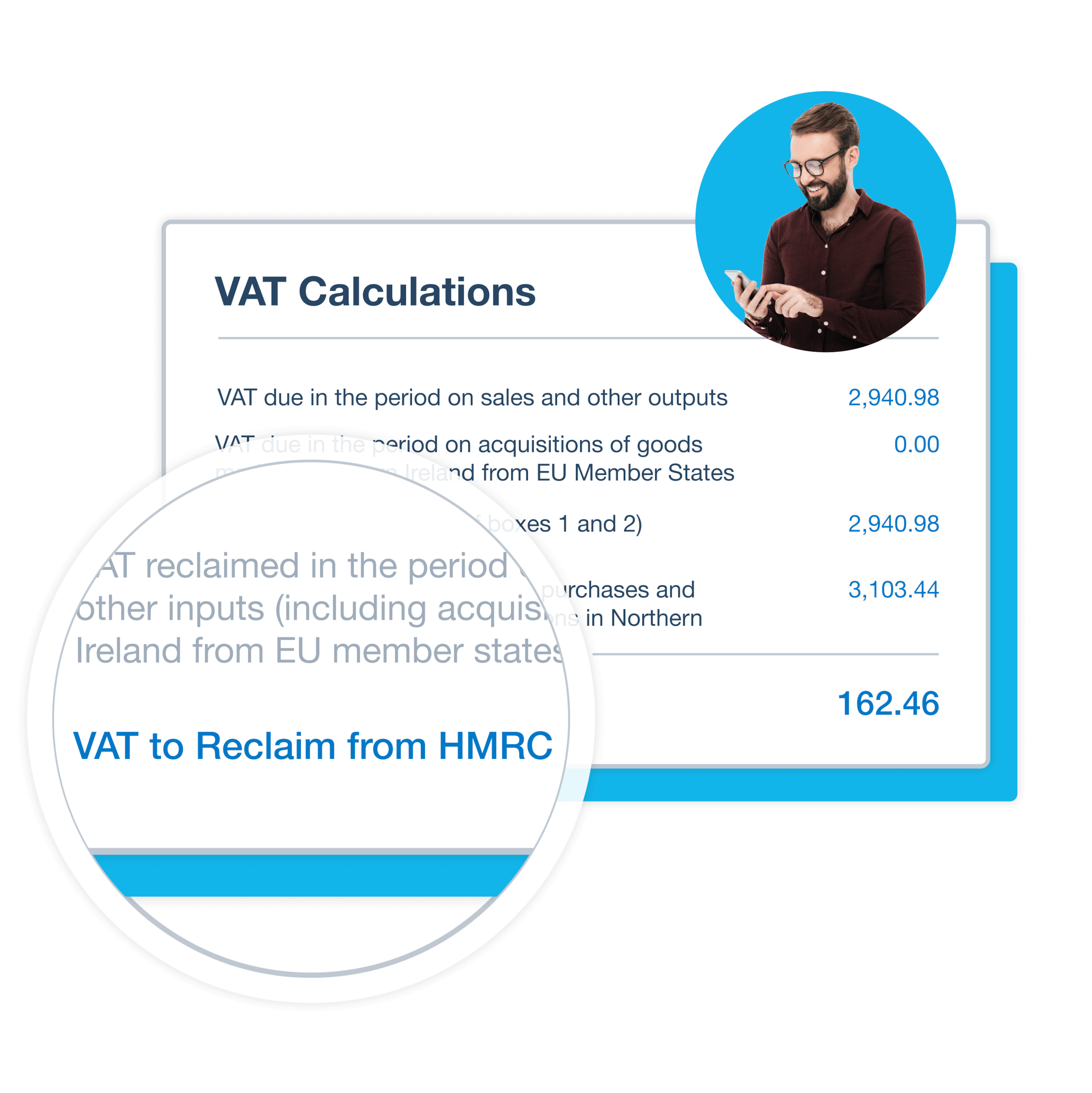 A screen shows VAT calculations and the wording automatically applied to an invoice by Xero, ready for reclaiming from HMRC.