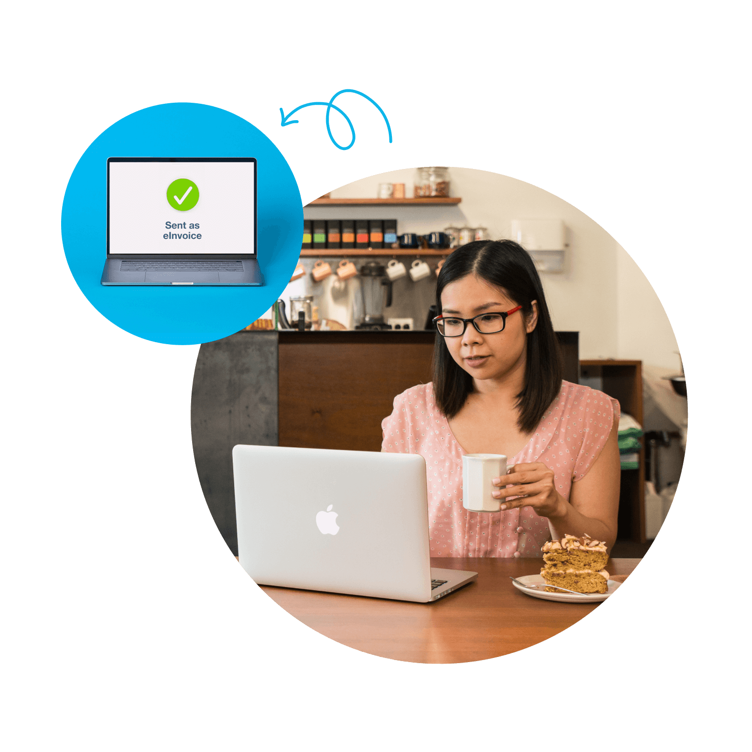 A cafe owner uses eInvoicing software on their laptop to send an invoice.