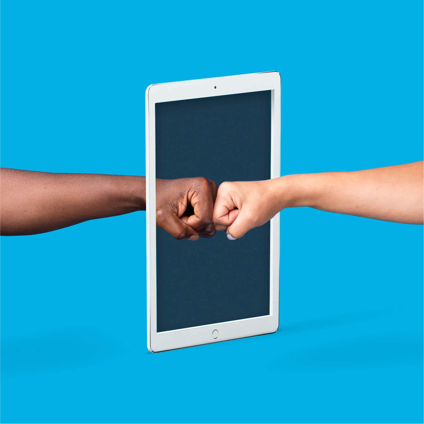 Two hands fist-bump through a device to show that eInvoicing is instant, direct, and electronic.