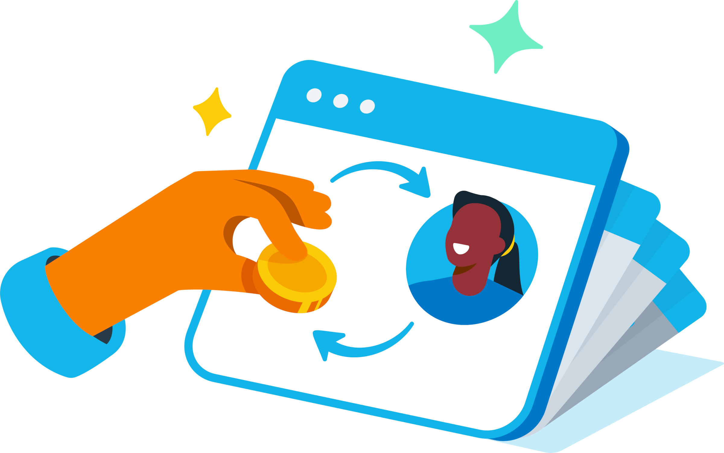 A cartoon hand pays a coin to a supplier on a screen, illustrating easy digital payments. 