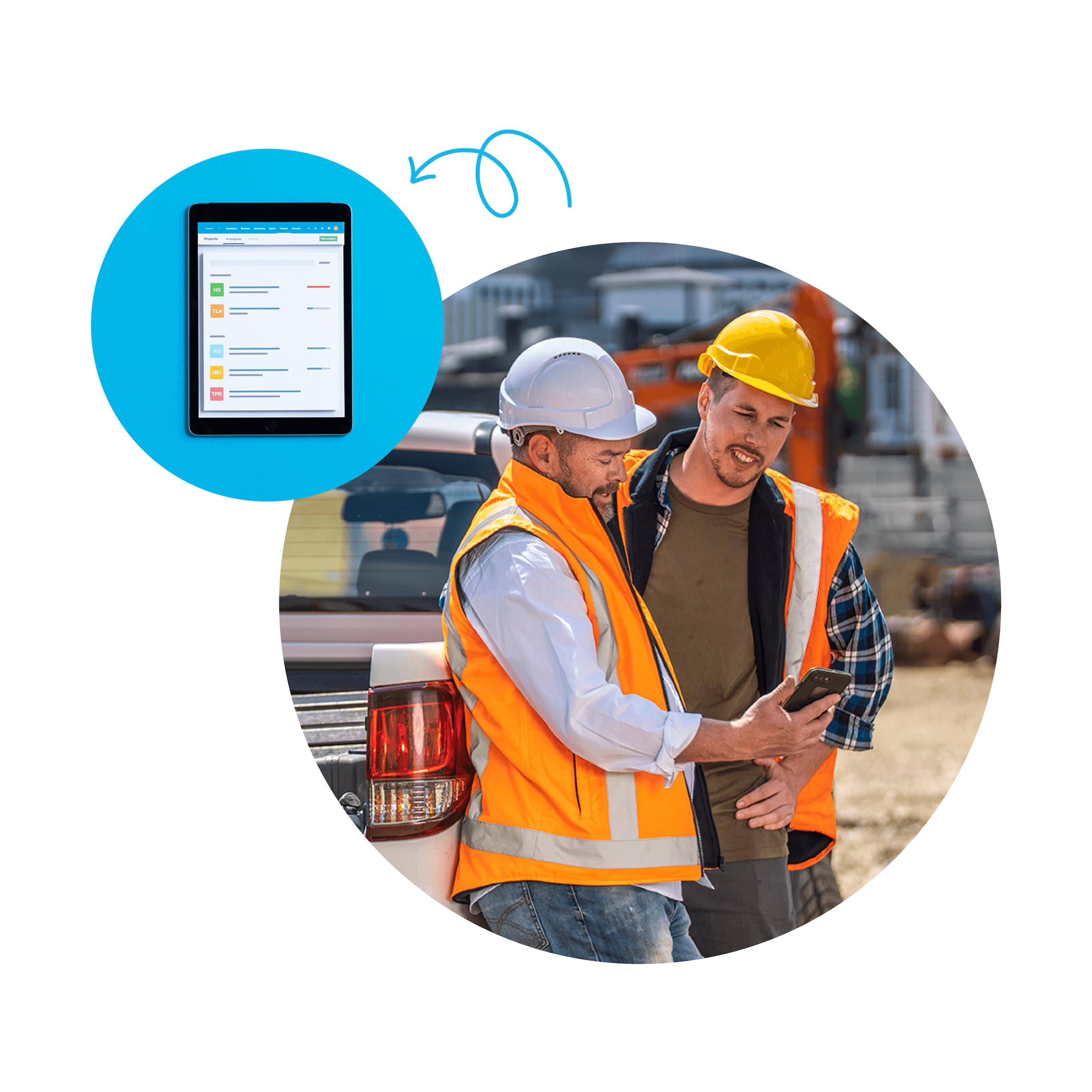 Two workers at a construction site wearing hard hats check costs using their job costing software on a mobile device.