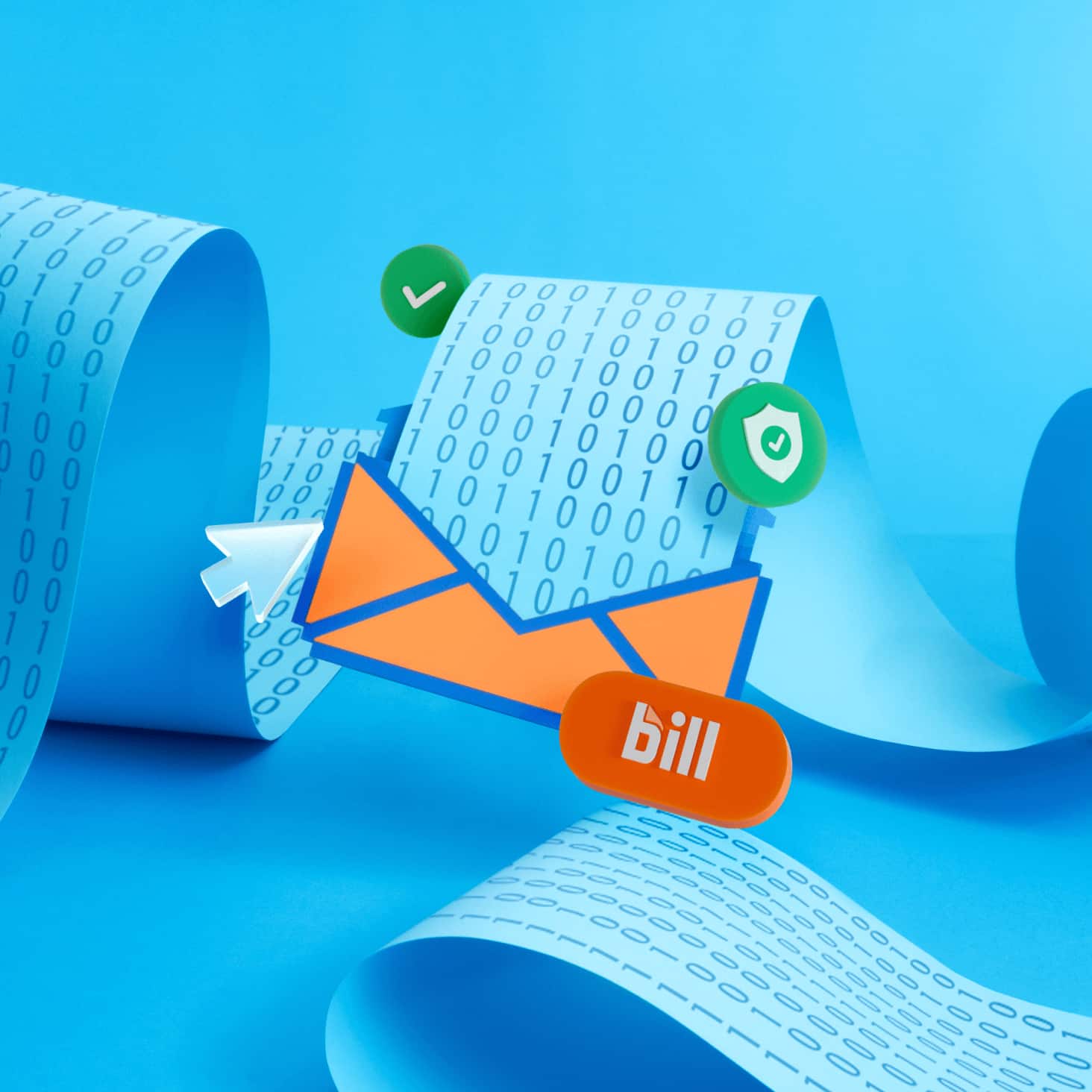 cursor hovers over opened paper bill which has a paper trail inside with 0's and 1's data. Bill logo and security icon shows data is protected