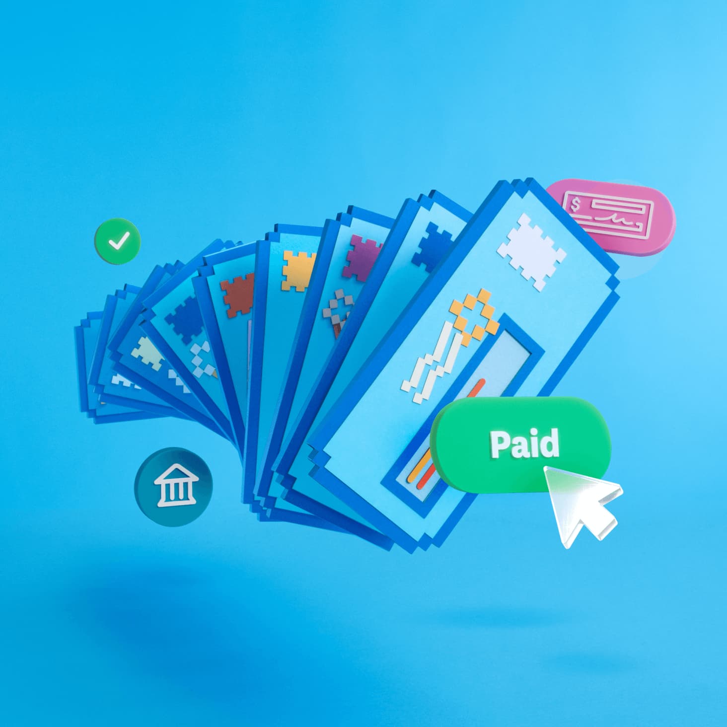 multiple paper bill envelopes fanned out with check and bank icons shown as payment options. A cursor clicks on a paid button.