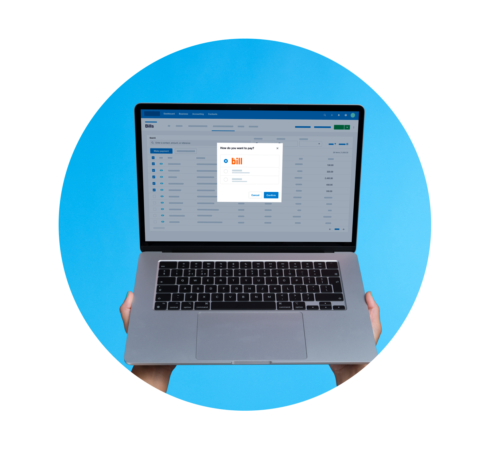 Laptop being held shows multiple bills selected in Xero. Direct bank is selected as the payment method.