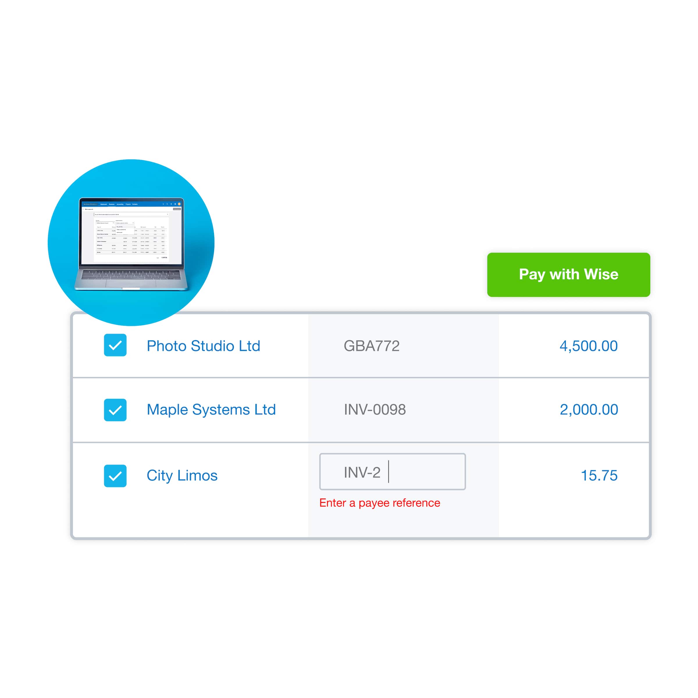 The payments screen displays an alert for a missing payee reference in a batch payment to be paid using Xero Pay with Wise.