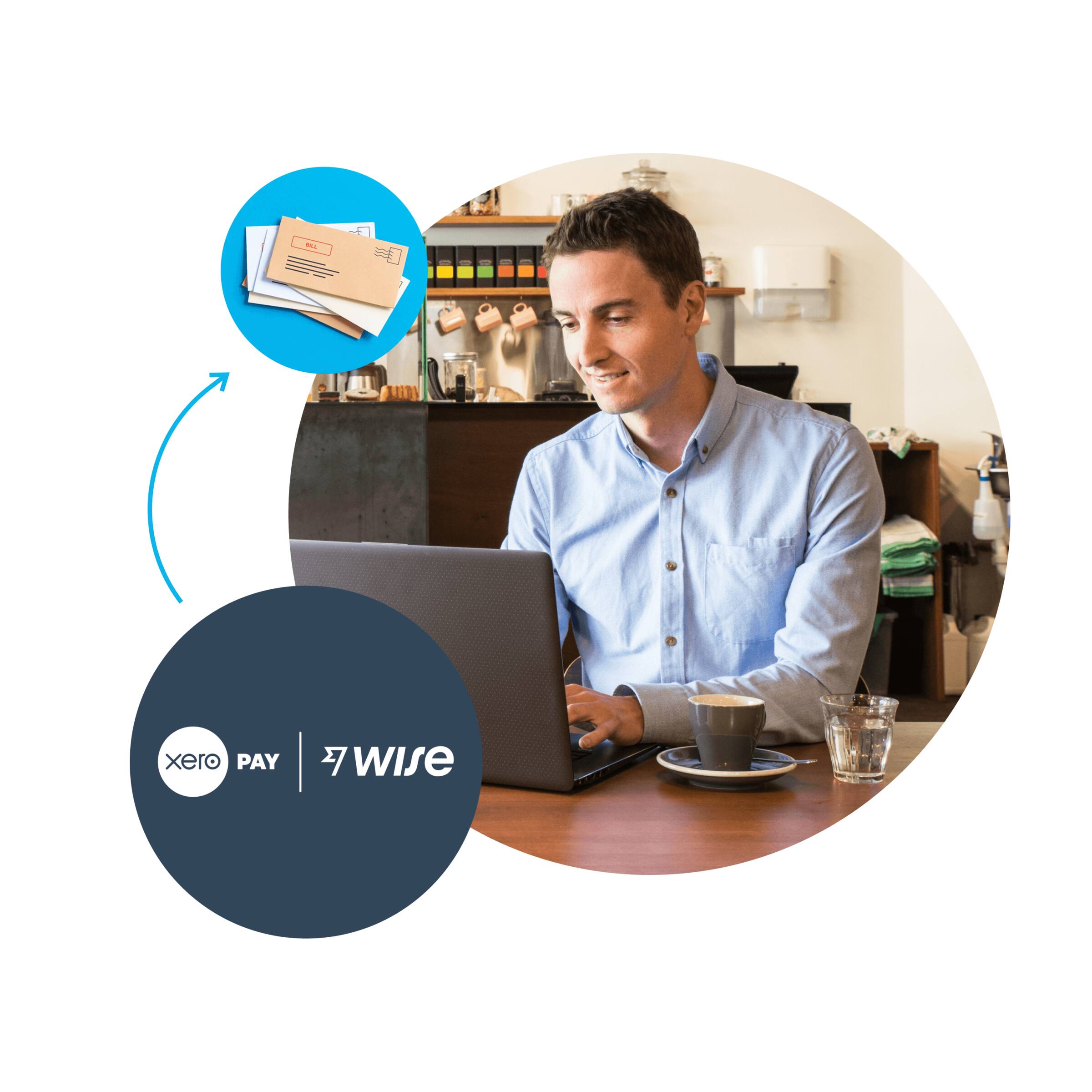 A small business owner sits in a cafe using their laptop to pay multiple bills using Xero Pay with Wise.