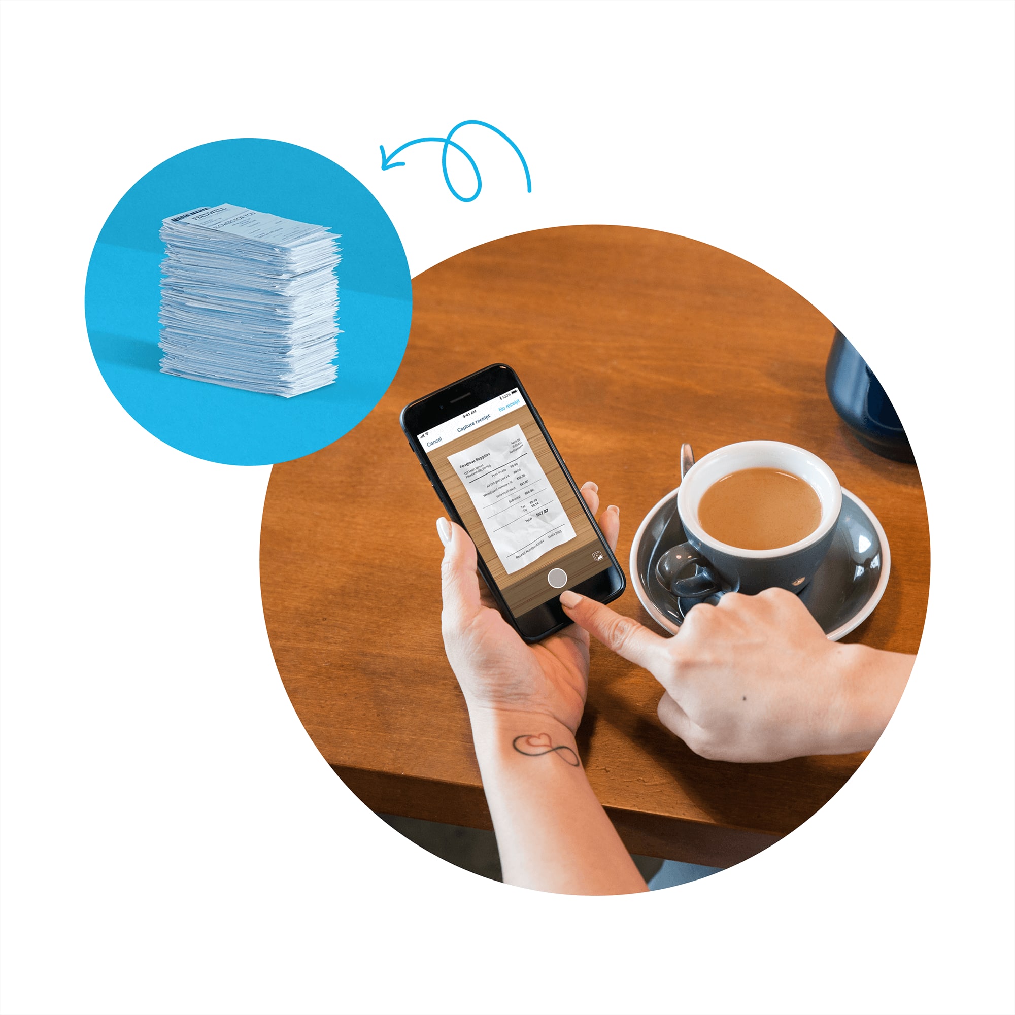 A small business owner sits in a cafe using their mobile phone to capture a receipt using Xero’s receipt scanner.
