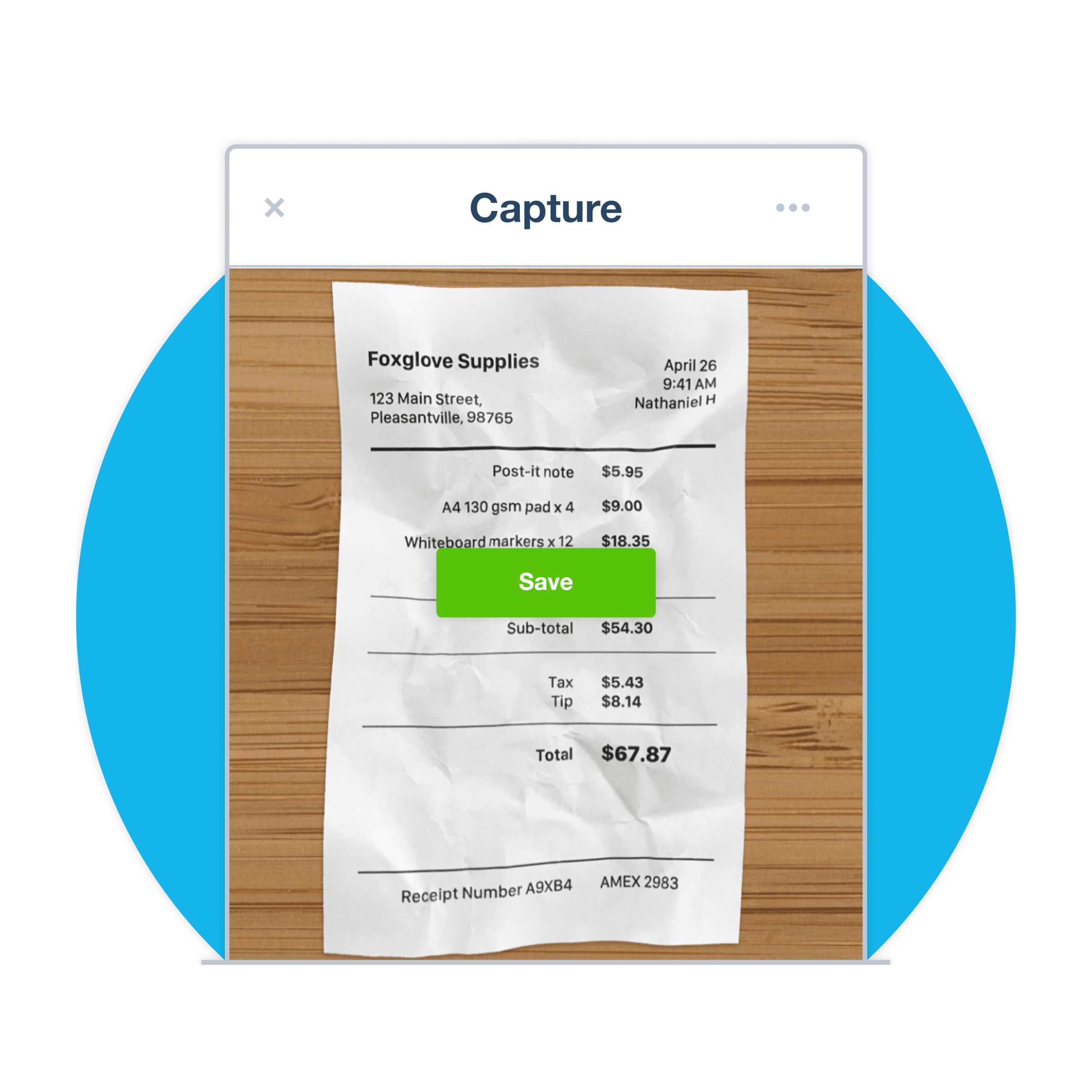 The capture screen in a Xero receipt app displays the save button.