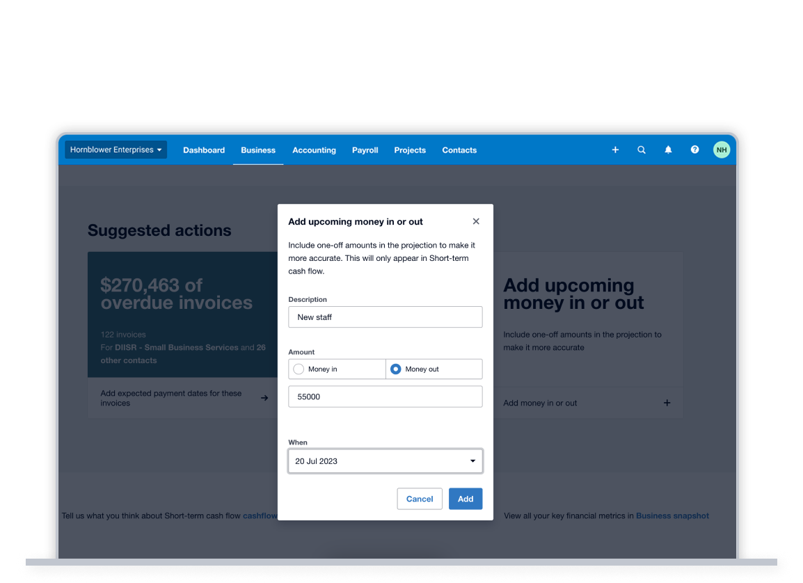 A business adds a projected one-off future expense in the ‘Add upcoming money in or out’ screen.