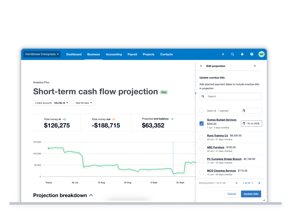A line chart showing a short-term cash flow projection in Xero, together with totals for money in, money out, and projected end balance.