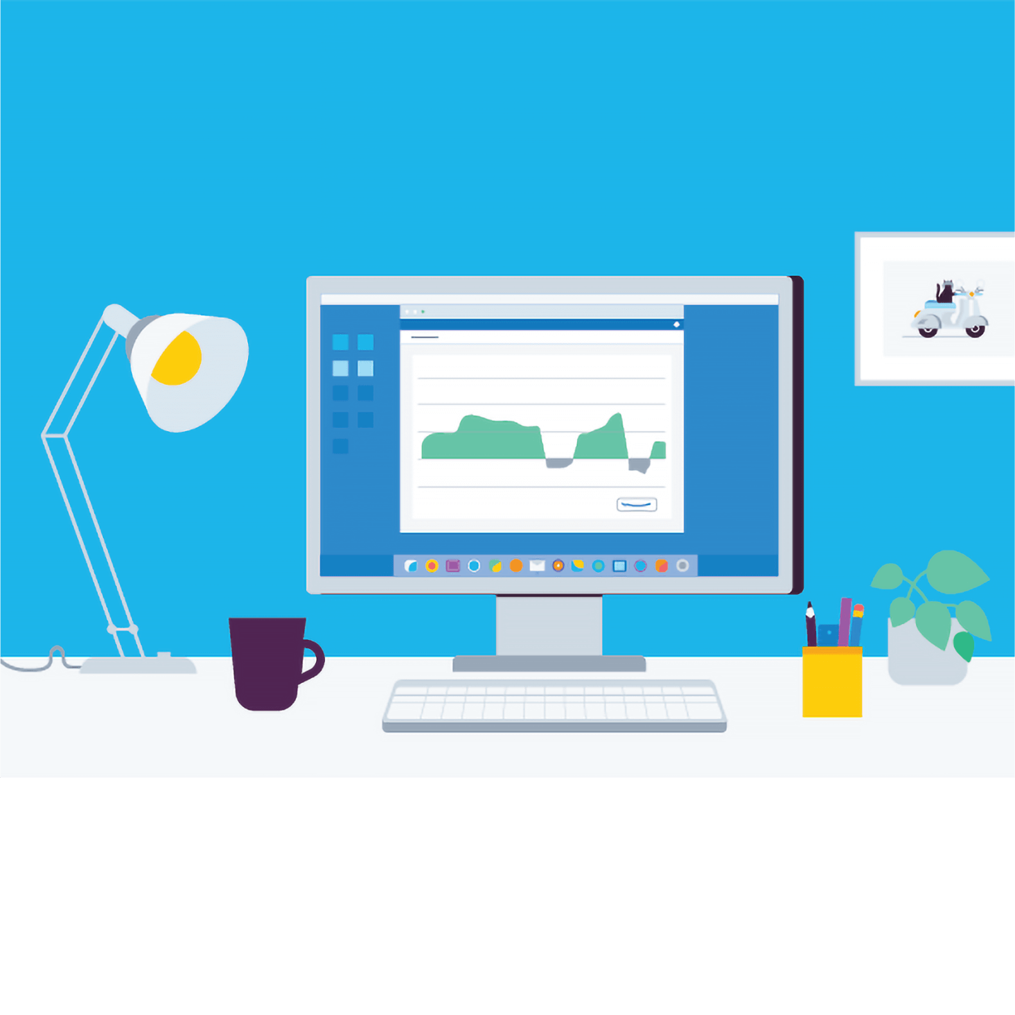 A desktop computer featuring Xero software, on a desk with lamp, coffee cup, pencils and pot plant.