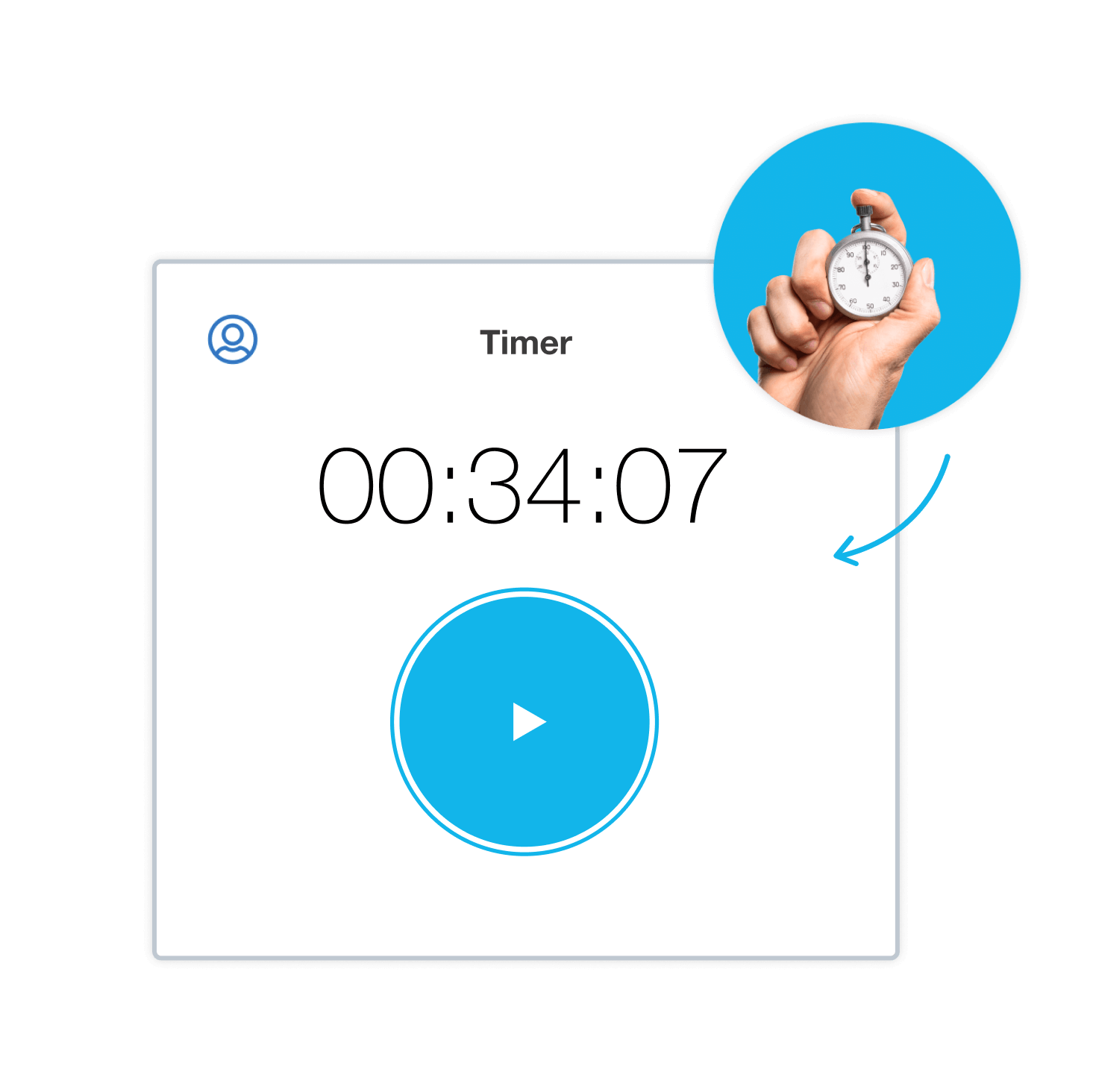 An employee clicks to restart the start-stop timer in their time tracking software which has already recorded 34 minutes on the job.