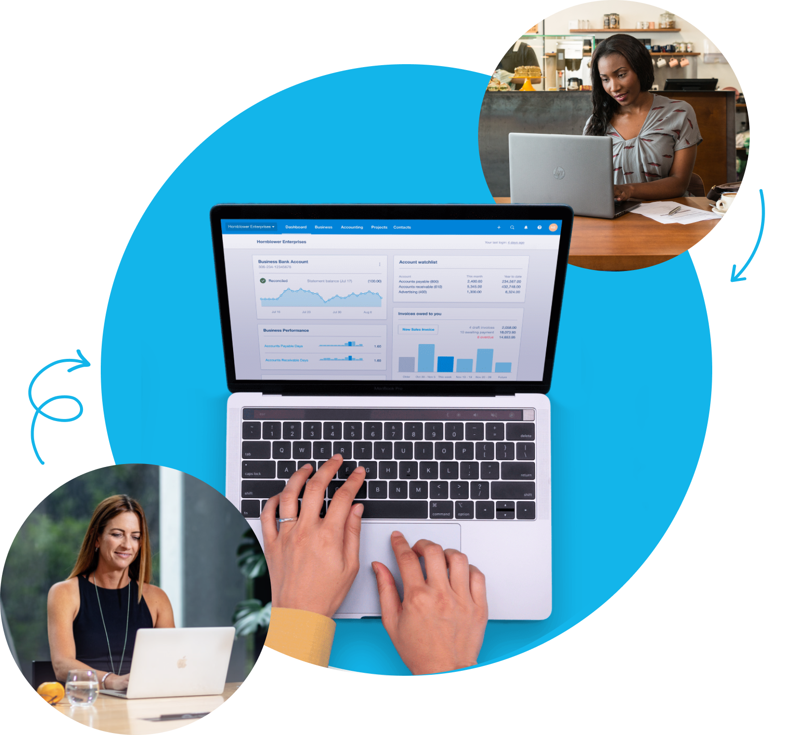 Two humans collaborating, blue circle with laptop