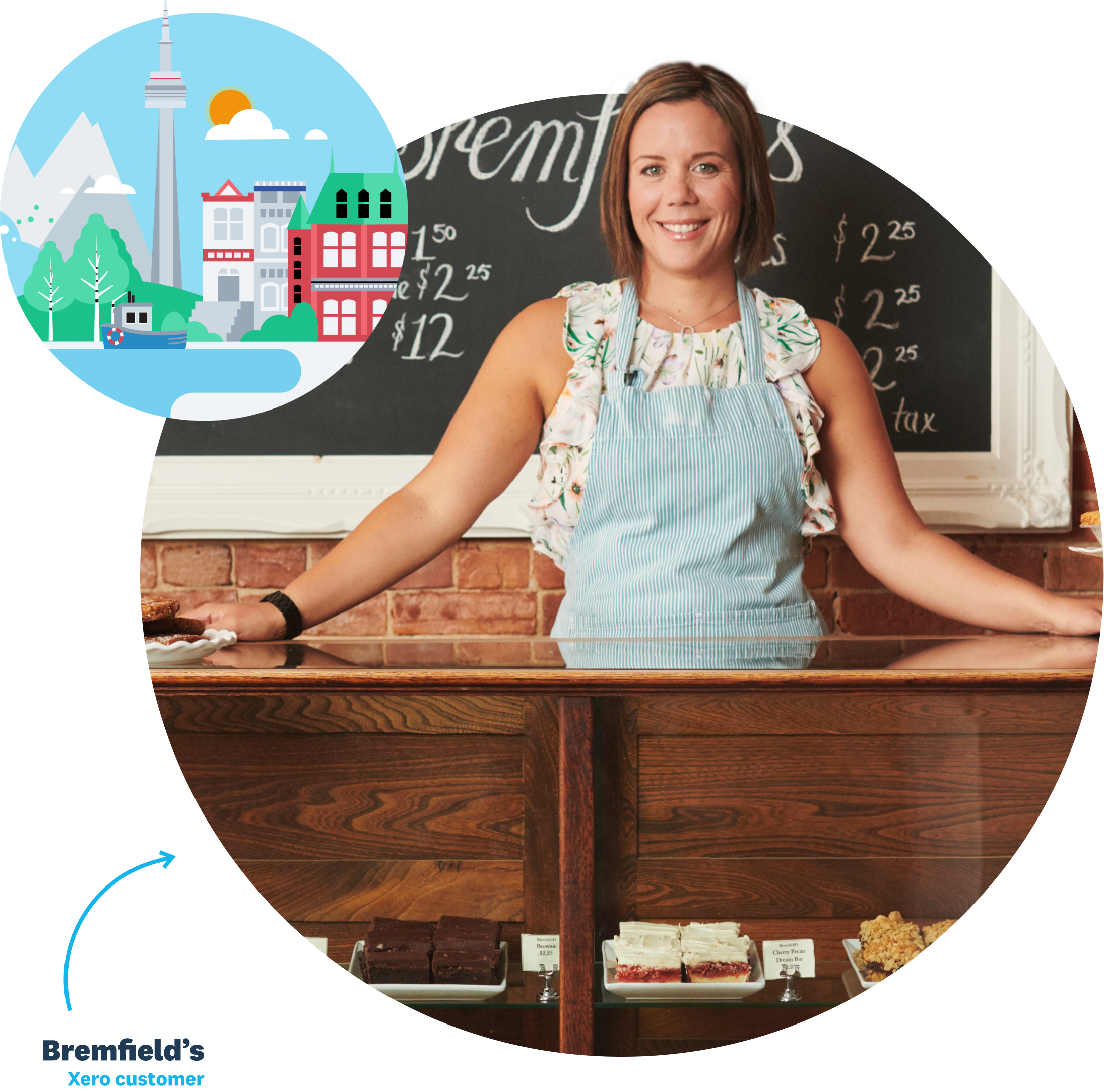 A woman stands behind the counter at Bremfield’s cafe and bake shop.