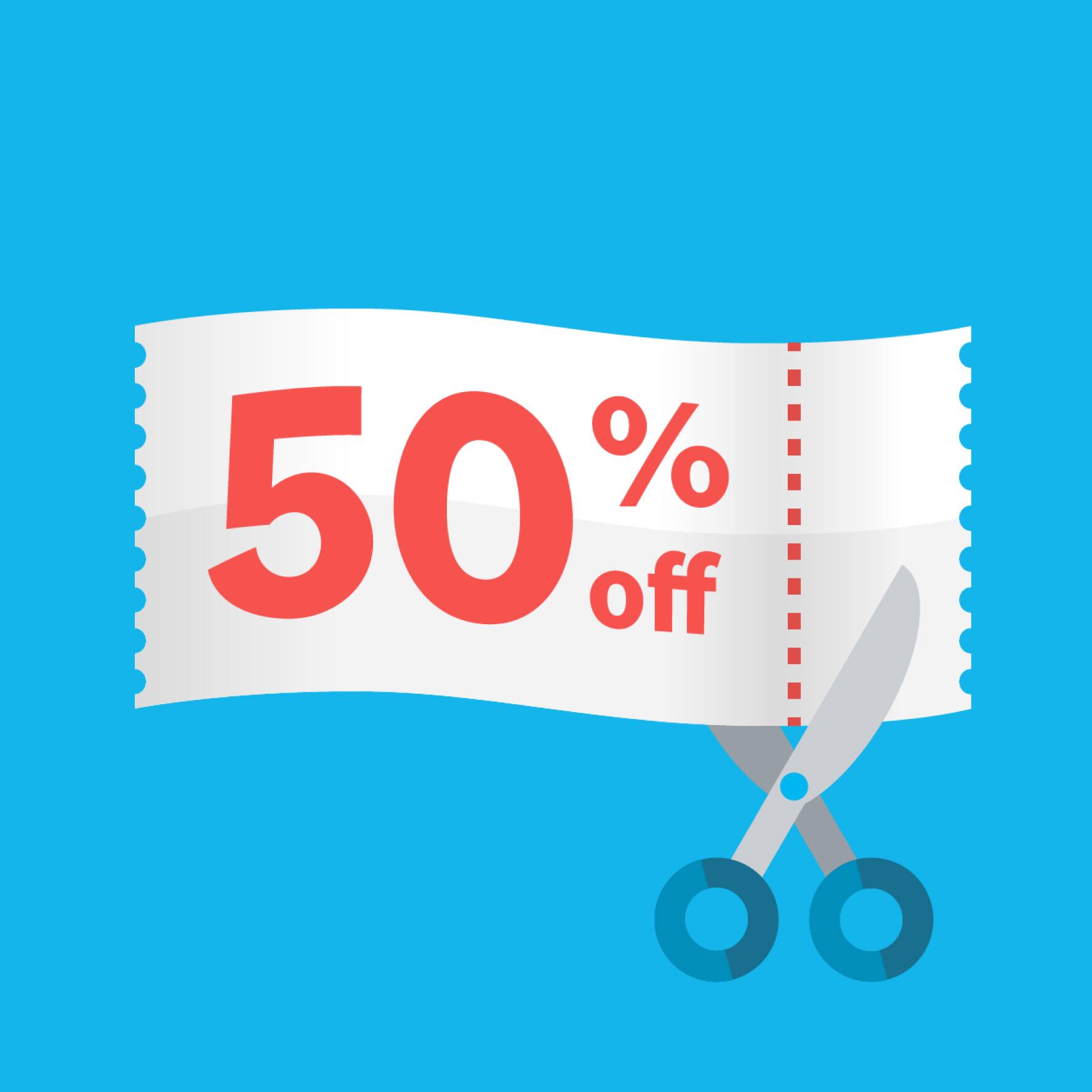 A graphic of a fifty percent off voucher with scissors cutting along a dotted line.