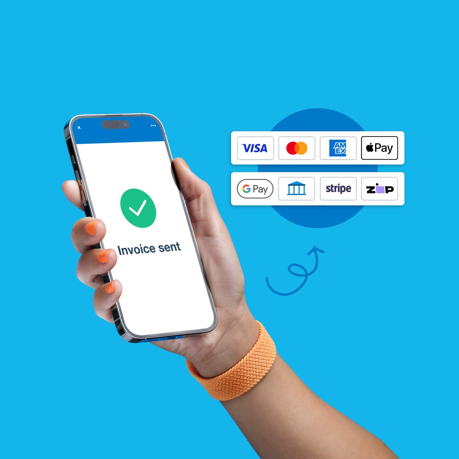 A hand holding a phone with the Stripe logo and payment options