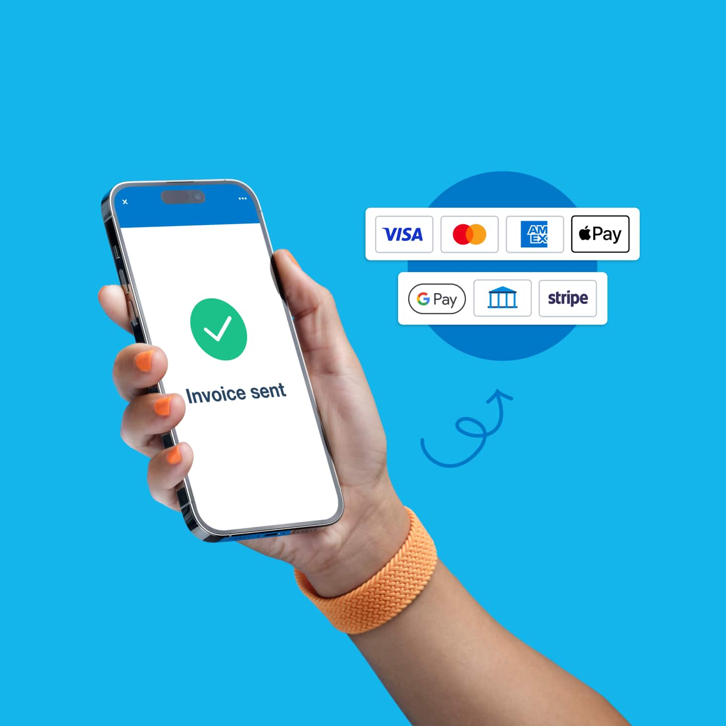 A hand holding a phone with the Stripe logo and payment options