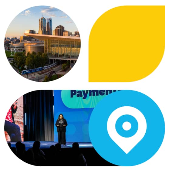 Image of speaker on stage in one bubble and Denver in the other bubble