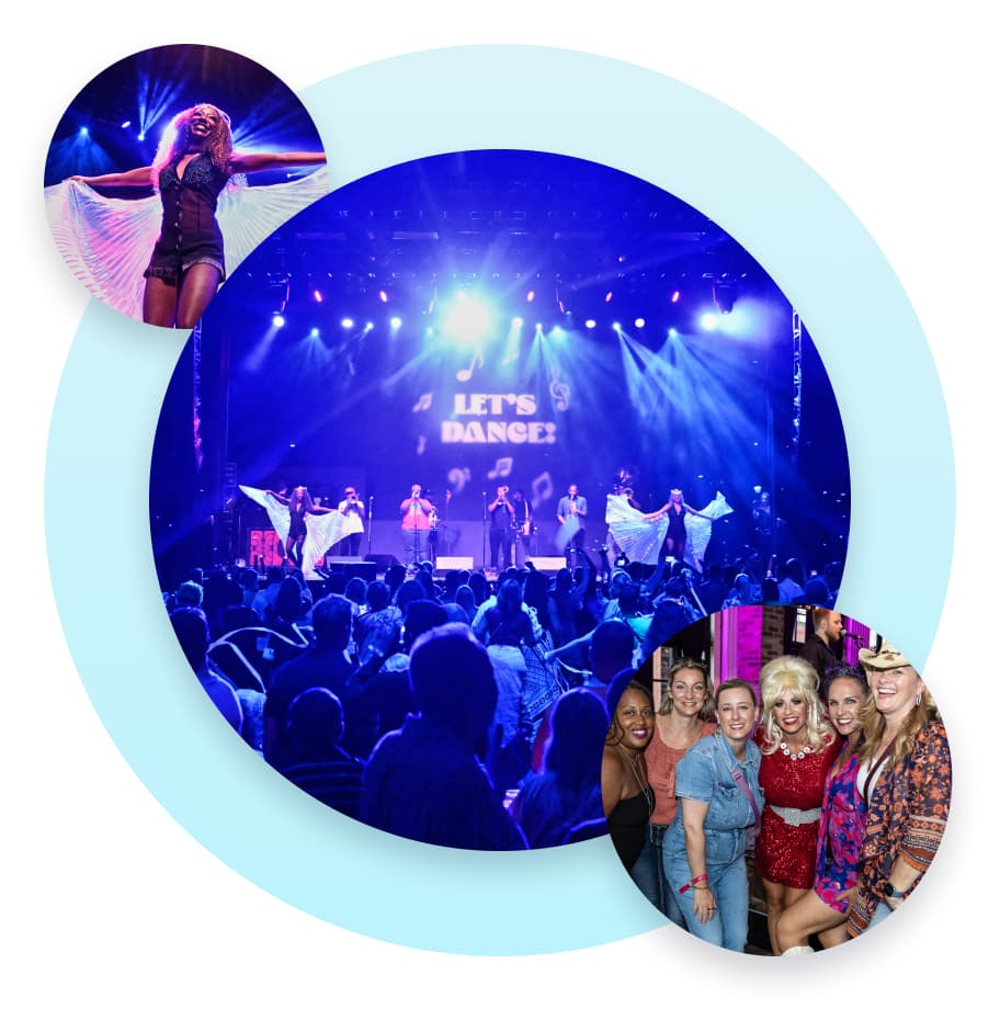 People in colorful costumes  fill the dance floor at the Xerocon wrap party. 