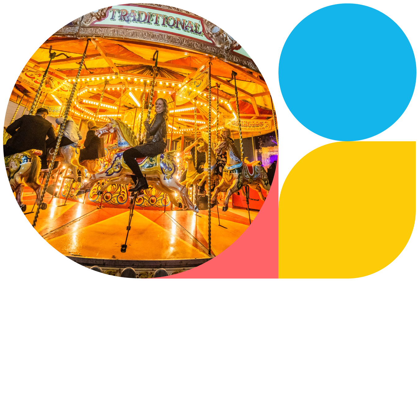 People riding on a colourful, traditional merry-go-round at Xerocon.