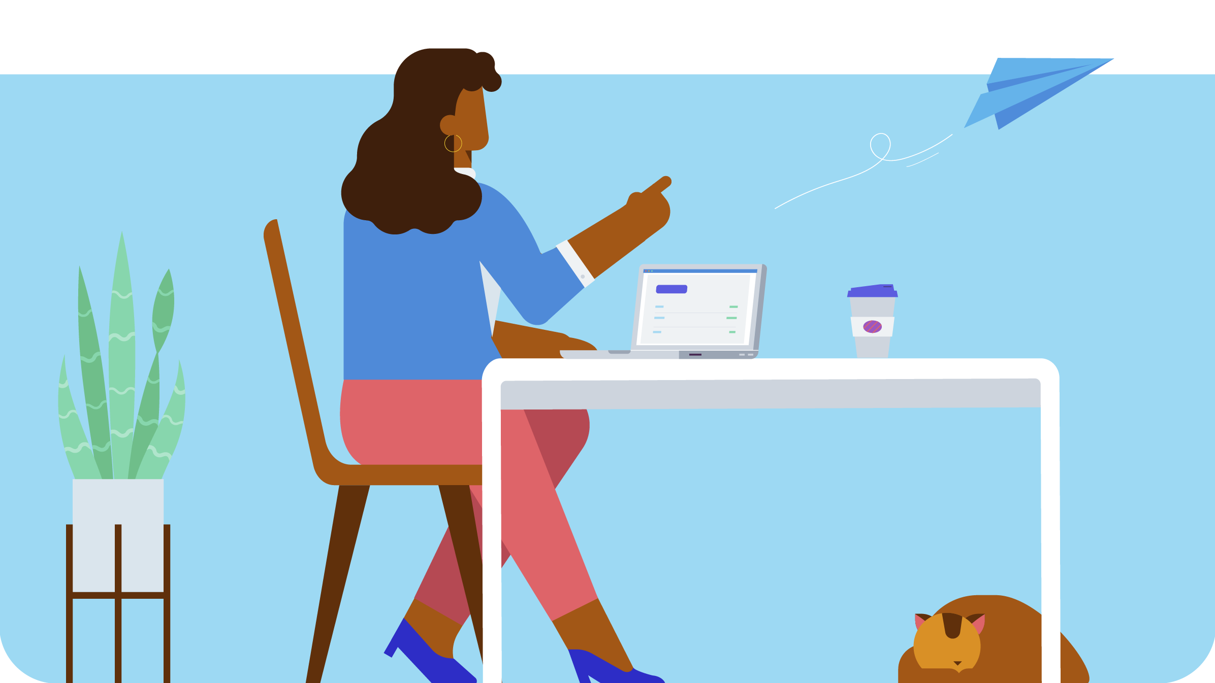 Illustrated accountant sits at her desk working.