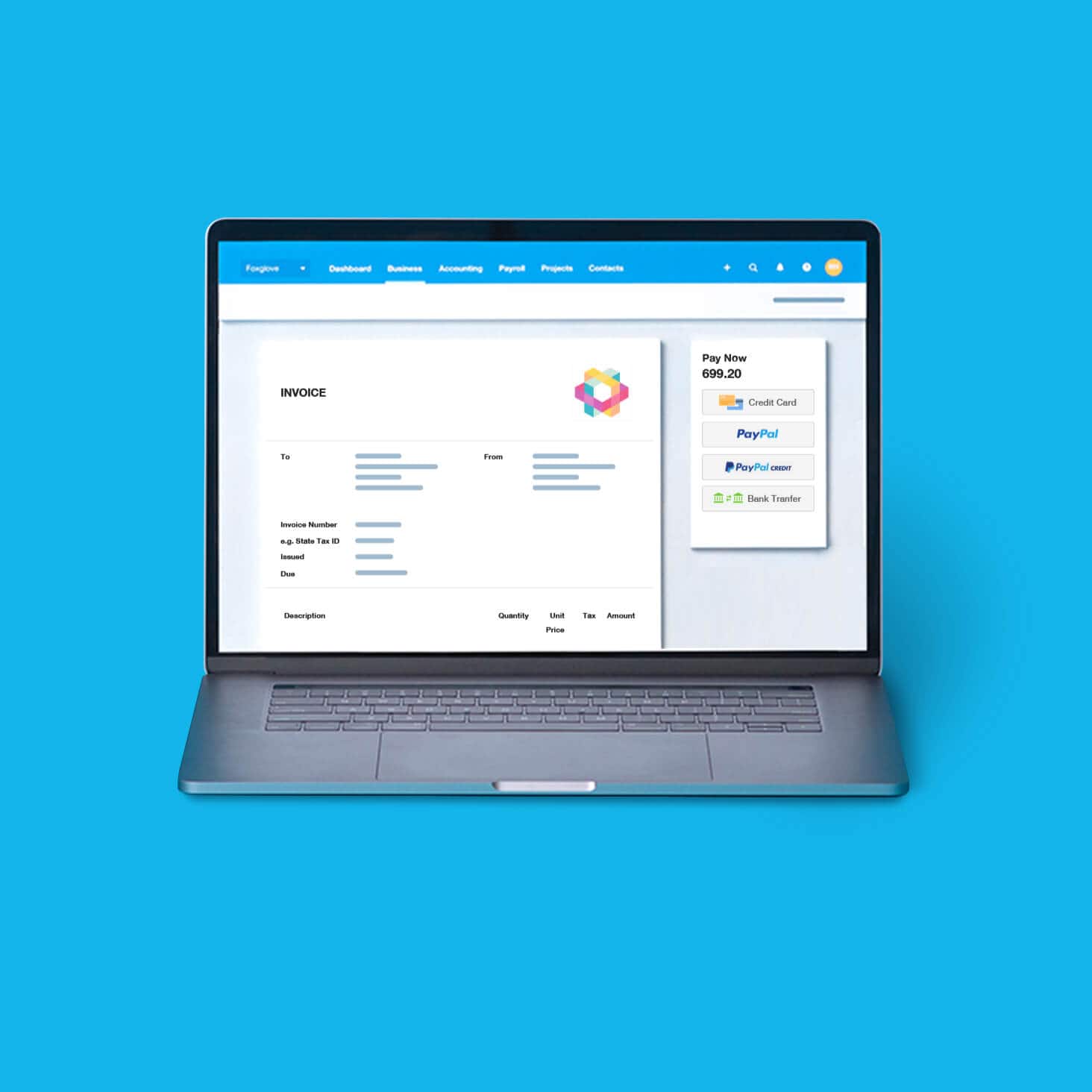 A laptop screen shows an online invoice ready for sending to a real estate client for prompt payment.